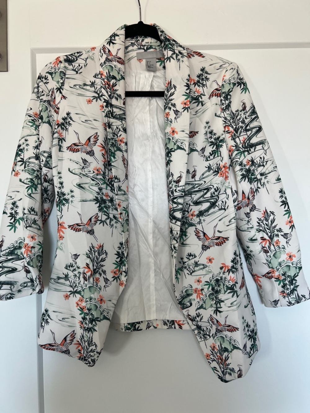 H&M White Crane & Floral Open-Front Blazer Jacket